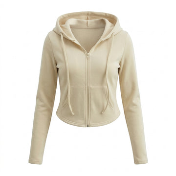[WHOLESALE ONLY - CONTACT TO ORDER] Women's Premium 320GSM 85% Cotton Fleece Corset-Waist Curved-Hem Full-Zip Cropped Hoodie (Warm Oat Milk Khaki) [AW-111]