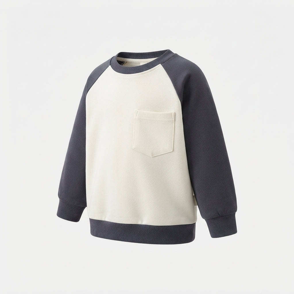 [WHOLESALE ONLY - CONTACT TO ORDER] Toddler Baby Fleece Crewneck Sweatshirt - Colorblock Raglan Sleeve with Chest Pocket Pullover[KW-134]