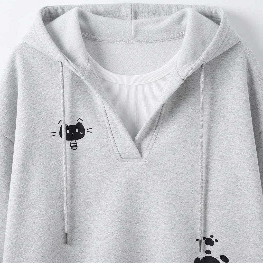 [WHOLESALE ONLY - CONTACT TO ORDER] Women's Heavyweight 360GSM 85% Cotton Fleece V-Neck Split-Collar Pullover Hoodie with Cartoon Cat & Paw Prints (Heather Light Grey) [AW-110]