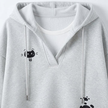 [WHOLESALE ONLY - CONTACT TO ORDER] Women's Heavyweight 360GSM 85% Cotton Fleece V-Neck Split-Collar Pullover Hoodie with Cartoon Cat & Paw Prints (Heather Light Grey) [AW-110]