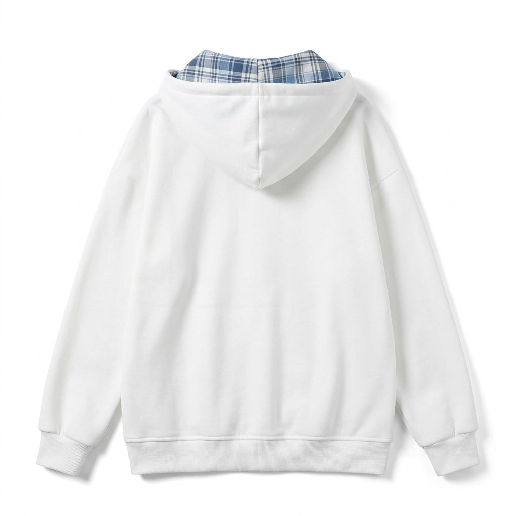 [WHOLESALE ONLY - CONTACT TO ORDER] Unisex Heavyweight 380GSM 80% Cotton Fleece Tartan Plaid Lined Full-Zip Oversized Hoodie (Cloud White & Royal Blue Plaid) [AW-108]