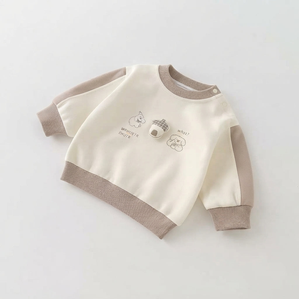 [WHOLESALE ONLY - CONTACT TO ORDER] Toddler Baby Fleece Crewneck Sweatshirt - 3D Acorn Patch Striped Shoulder Panel Puppy Pullover[KW-124]