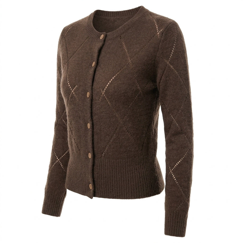 [WHOLESALE ONLY - CONTACT TO ORDER] Women's Classic Pointelle Diamond-Trellis Cable-Knit Crewneck Cardigan with Wooden Buttons (Heather Mocha Brown) [AW-235]