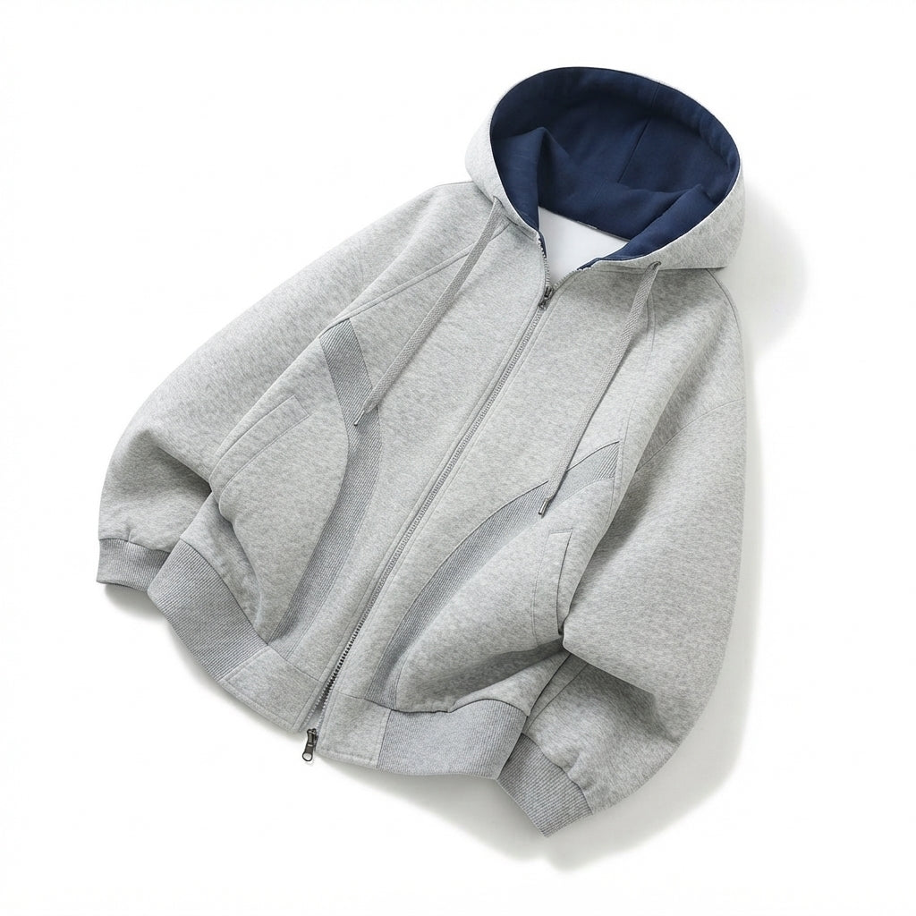 [WHOLESALE ONLY - CONTACT TO ORDER] Unisex Heavyweight 400GSM 80% Cotton Fleece Curved Arch Paneled Full-Zip Oversized Hoodie (Heather Grey & Navy) [AW-104]