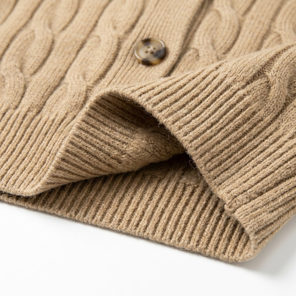 [WHOLESALE ONLY - CONTACT TO ORDER] Women's Classic Fitted Cable-Knit Crewneck Button-Front Cardigan Sweater with Tortoise Buttons (Warm Heather Camel Tan) [AW-189]