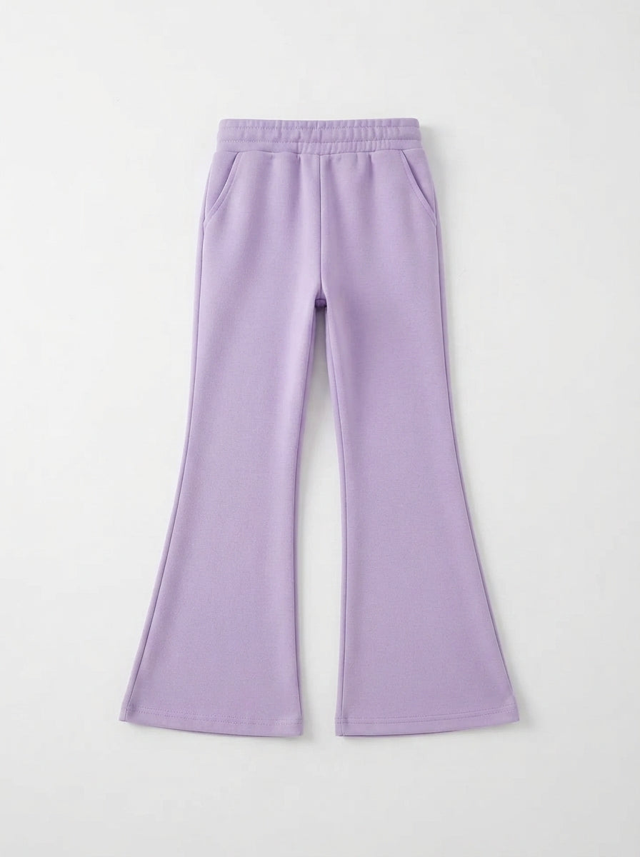 [WHOLESALE ONLY - CONTACT TO ORDER] Toddler Baby Girls French Terry Bell Bottom Flare Pants - Drawstring Elastic Waistband Pastel Lavender Trousers [KW-126]
