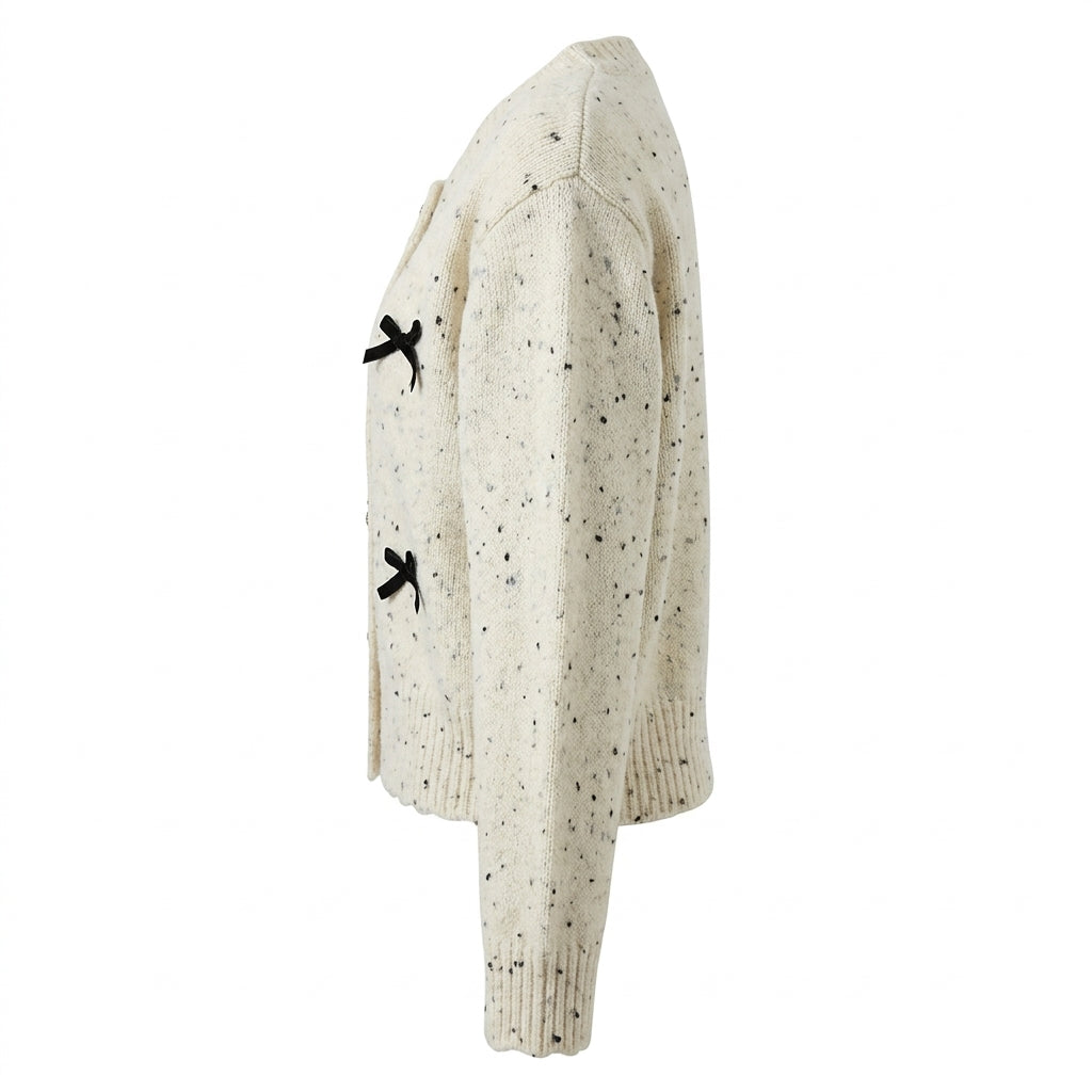 [WHOLESALE ONLY - CONTACT TO ORDER] Women's Coquette Tweed-Fleck Knit Crewneck Cardigan with 3D Velvet Bows & Gold Textured Buttons (Oatmeal Cream Fleck) [AW-227]