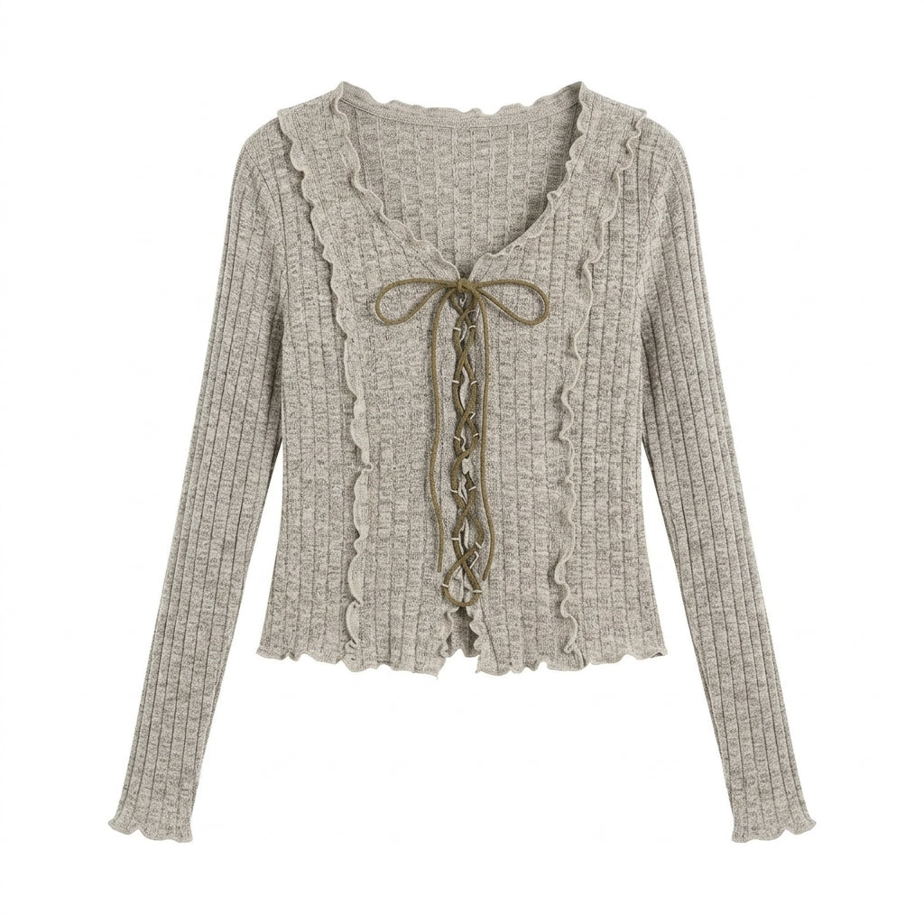[WHOLESALE ONLY - CONTACT TO ORDER] Women's Fairycore Coquette Lettuce-Trim Ribbed Knit Corset Lace-Up Cardigan Top (Heather Oatmeal & Olive Cord) [AW-192]
