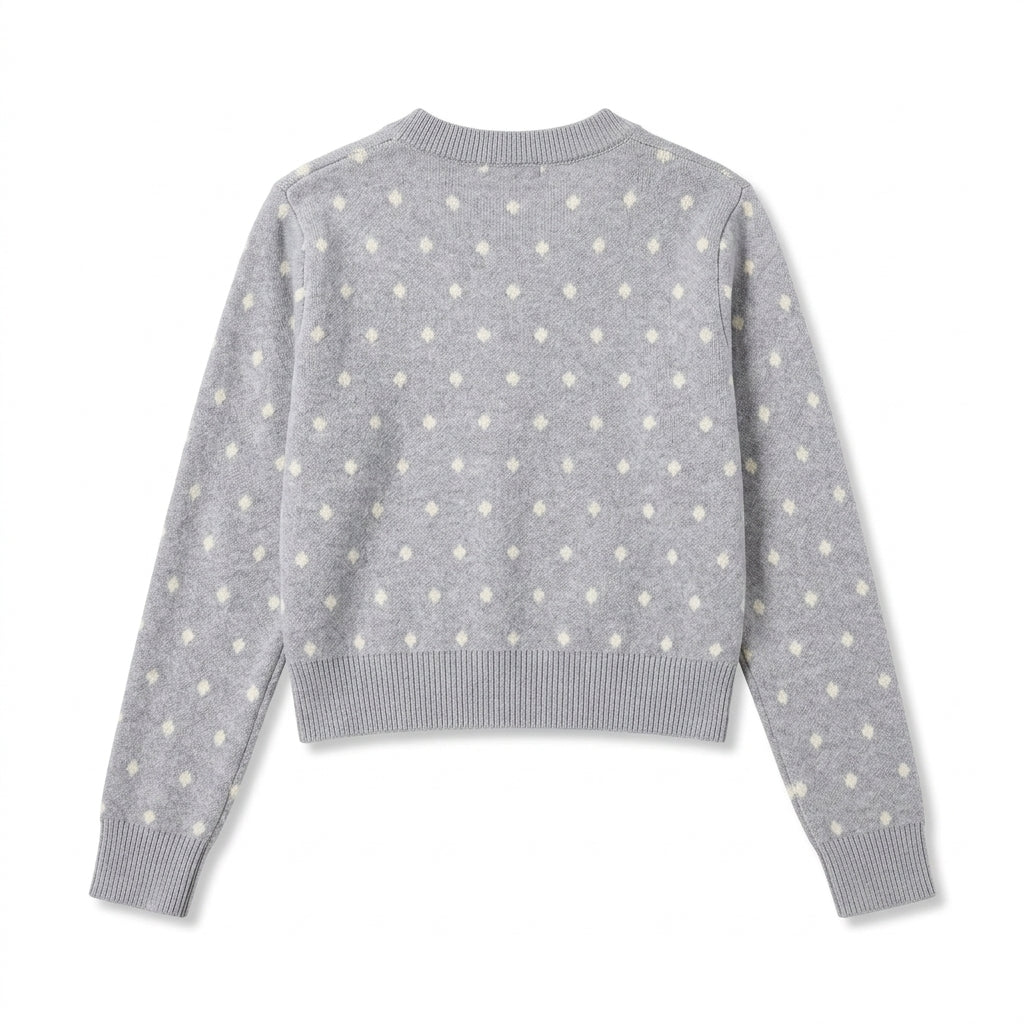 [WHOLESALE ONLY - CONTACT TO ORDER] Women's Preppy 2-in-1 Layered Polka Dot Jacquard Cardigan with Contrast White Peter Pan Collar & Hem Trim (Heather Grey & White) [AW-220]