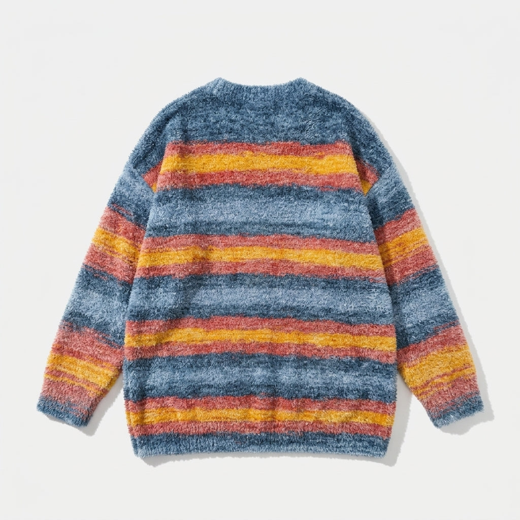 [WHOLESALE ONLY - CONTACT TO ORDER] Unisex Retro Sunset Multi-Stripe Fuzzy Chenille Crewneck Pullover Sweater (Denim Blue, Amber Gold & Terracotta) [AW-233]