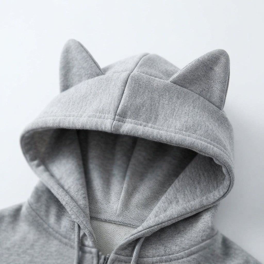 [WHOLESALE ONLY - CONTACT TO ORDER] Unisex Heavyweight 360GSM 85% Cotton French Terry 3D Cat Ear Full-Zip Raglan Hoodie (Heather Light Grey) [AW-112]