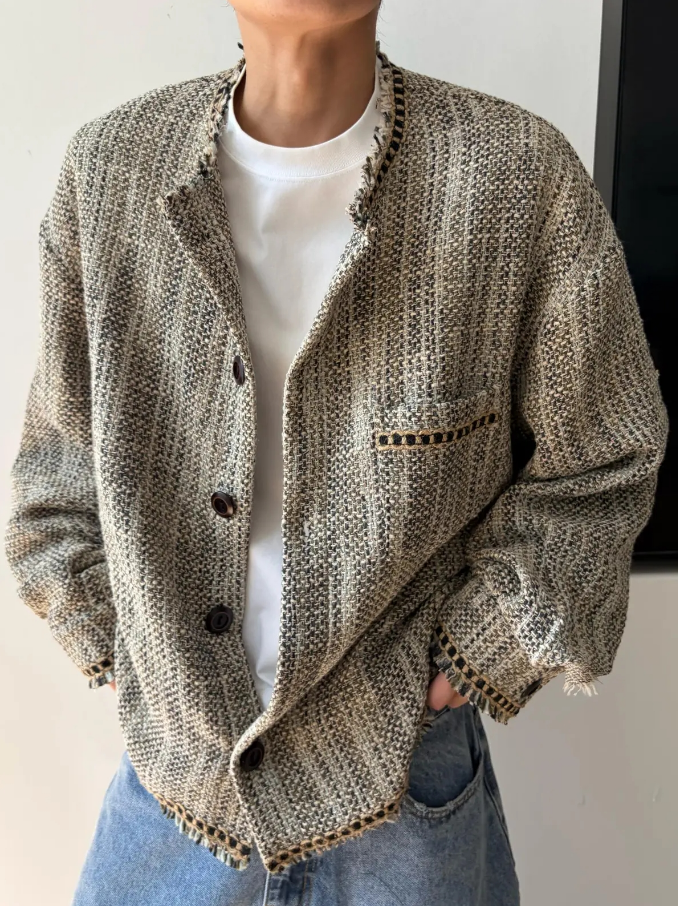 Men’s Vintage Woven Jacket – Raw Edge Collarless Design, Mixed Color Spring Outerwear[NA-009]