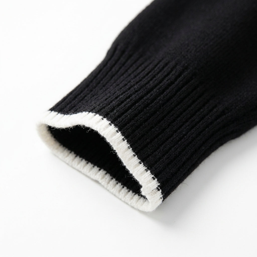 [WHOLESALE ONLY - CONTACT TO ORDER] Women's French Chic Contrast Tipped Henley Neck Ribbed Button-Front Cardigan Sweater (Classic Noir Black & Ivory) [AW-124]