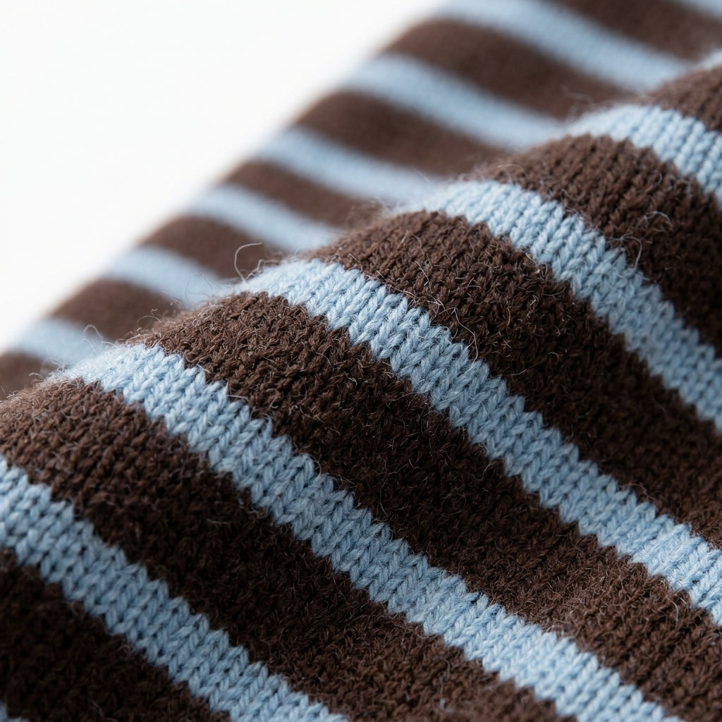 [WHOLESALE ONLY - CONTACT TO ORDER] Unisex Vintage Preppy Yarn-Dyed Striped Polo Collar Knit Pullover Sweater (Espresso Brown & Dusty Sky Blue) [AW-200]