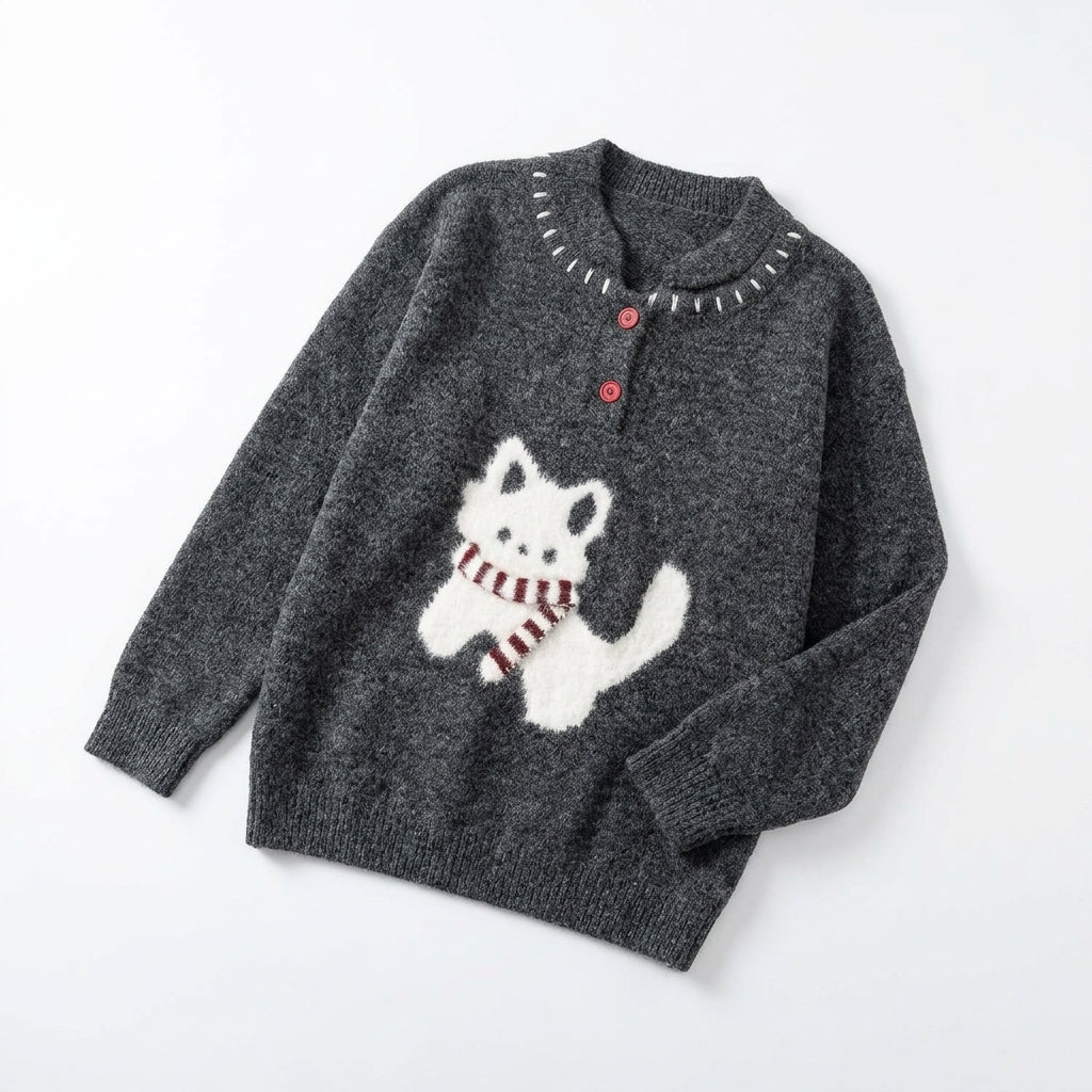 [WHOLESALE ONLY - CONTACT TO ORDER] Women's / Unisex Retro Whimsical Kitten Intarsia Fuzzy Knit Henley Sweater with Contrast Collar Hand-Stitch Detailing (Heather Charcoal Grey) [AW-231]