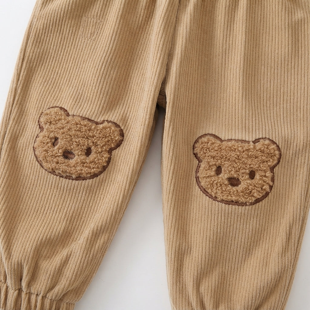 [WHOLESALE ONLY - CONTACT TO ORDER] Toddler Baby Boys 2-Piece Striped Polo Sweatshirt & Corduroy Pants Set - Cute Bear Patchwork Autumn Loungewear[KW-169]