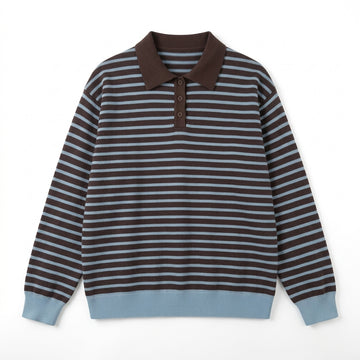 [WHOLESALE ONLY - CONTACT TO ORDER] Unisex Vintage Preppy Yarn-Dyed Striped Polo Collar Knit Pullover Sweater (Espresso Brown & Dusty Sky Blue) [AW-200]