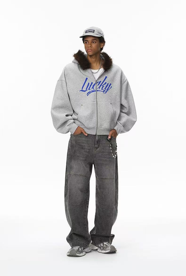 Winter ’25 Boxy Cropped Hoodie with Embroidered Accents and Plush Collar