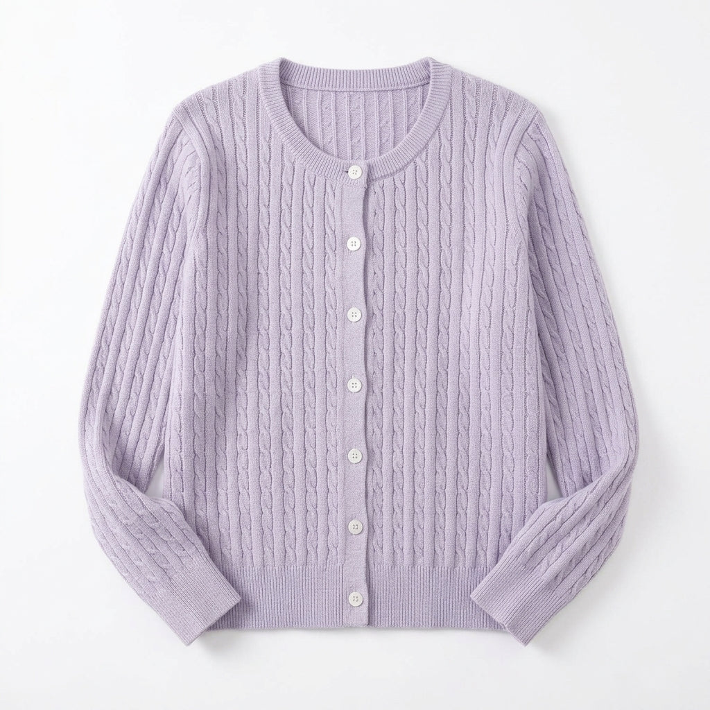 [WHOLESALE ONLY - CONTACT TO ORDER] Women's Classic Fitted Cable & Diamond-Knit Crewneck Button-Front Cardigan Sweater (Pastel Lilac Lavender) [AW-197]
