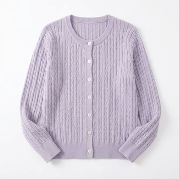 [WHOLESALE ONLY - CONTACT TO ORDER] Women's Classic Fitted Cable & Diamond-Knit Crewneck Button-Front Cardigan Sweater (Pastel Lilac Lavender) [AW-197]