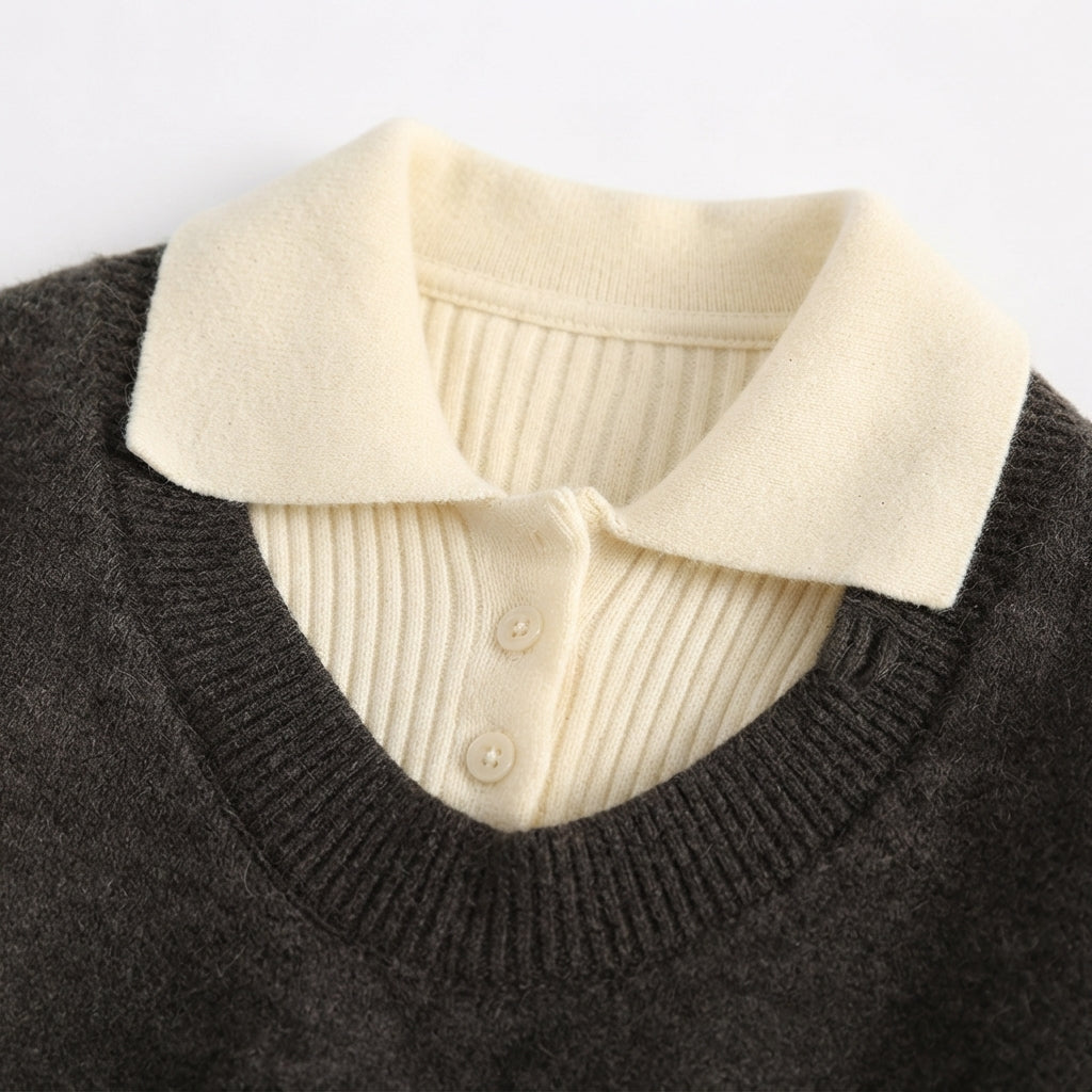 [WHOLESALE ONLY - CONTACT TO ORDER] Women's Preppy 2-in-1 Layered Cropped Knit Pullover Sweater with Ribbed Polo Collar Insert (Heather Charcoal Grey & Cream White) [AW-206]