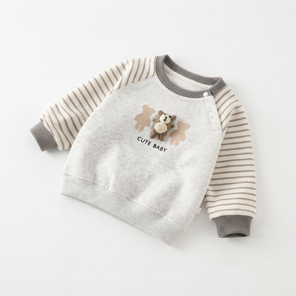 [WHOLESALE ONLY - CONTACT TO ORDER] Toddler Baby Fleece Crewneck Sweatshirt - 3D Fuzzy Teddy Bear Patchwork Striped Raglan Sleeve Pullover [KW-138]