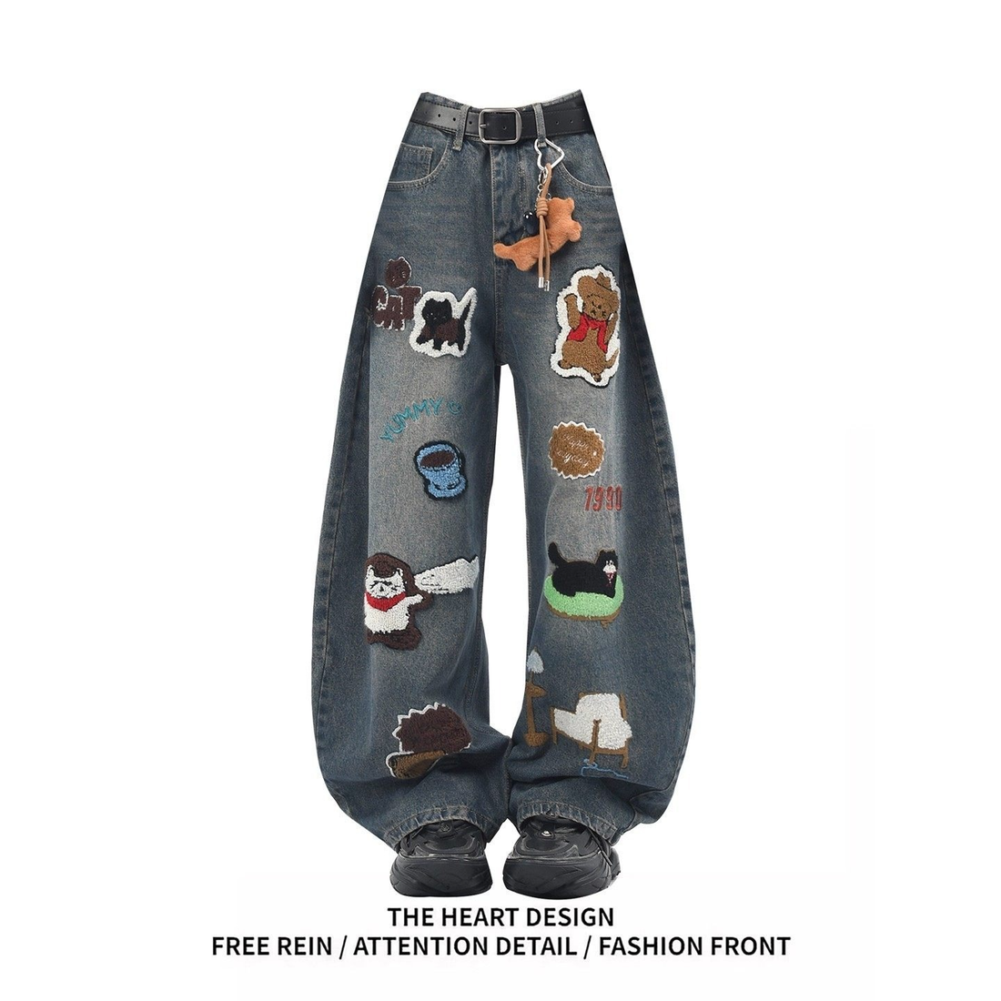 Washed Streetwear Cartoon Charm Loose Wide-Leg Jeans[DROP3-023]