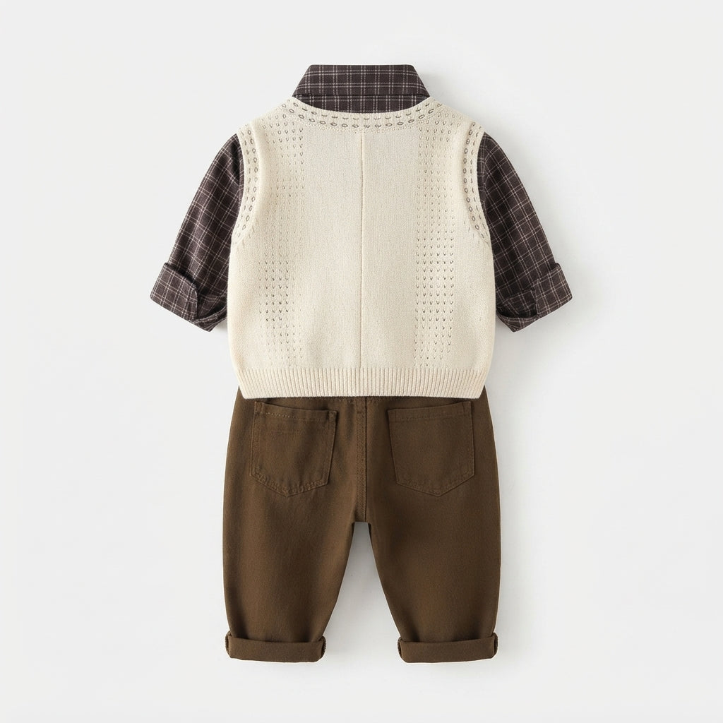 [WHOLESALE ONLY - CONTACT TO ORDER] Toddler Boys 3-Piece Plaid Shirt, Knit Cardigan Vest & Corduroy Trousers Set - Preppy Bear Patch Gentleman Outfit [KW-153]