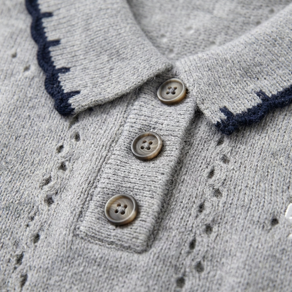 [WHOLESALE ONLY - CONTACT TO ORDER] Women's Preppy Pointelle Eyelet Knit Polo Collar Pullover Sweater with Scalloped Contrast Crochet Edging (Heather Grey & Midnight Navy) [AW-201]