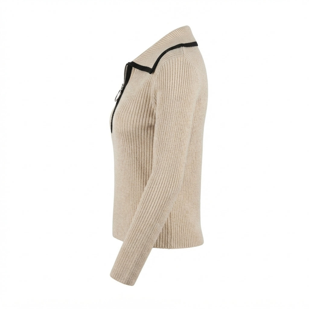 [WHOLESALE ONLY - CONTACT TO ORDER] Women's Ribbed Knit Contrast Tipped Polo Collar Quarter-Zip Pullover Sweater with Ring Pull (Heather Oatmeal & Black) [AW-209]