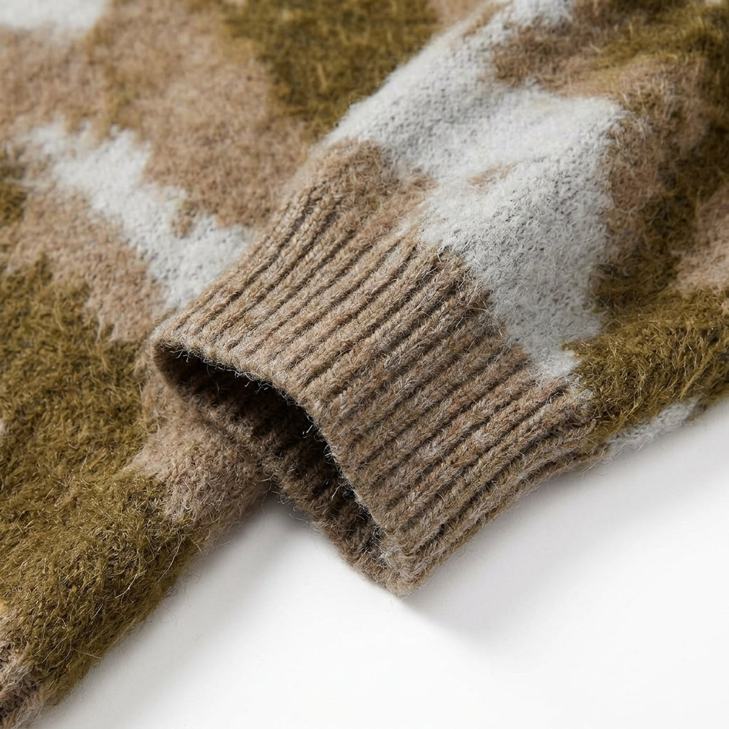 [WHOLESALE ONLY - CONTACT TO ORDER] Unisex Oversized Grunge Distressed Camo Fuzzy Jacquard Crewneck Sweater with Frayed Hem & Star Accent (Earth Camo / Moss Olive, Sand & Cream) [AW-229]