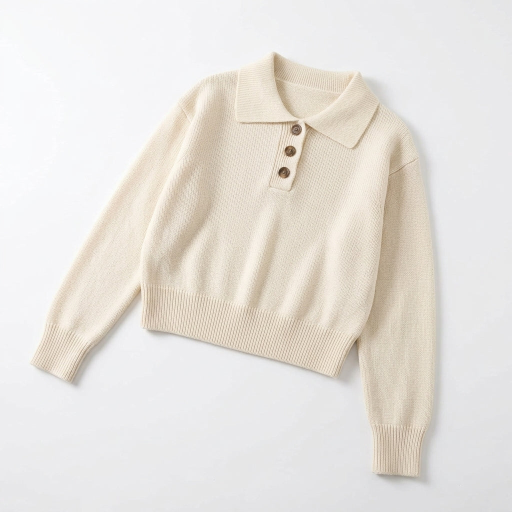 [WHOLESALE ONLY - CONTACT TO ORDER] Women's Preppy Plain Knit Polo Collar Henley Pullover Sweater with Marbled Tortoise Buttons (Cream Ivory) [AW-216]