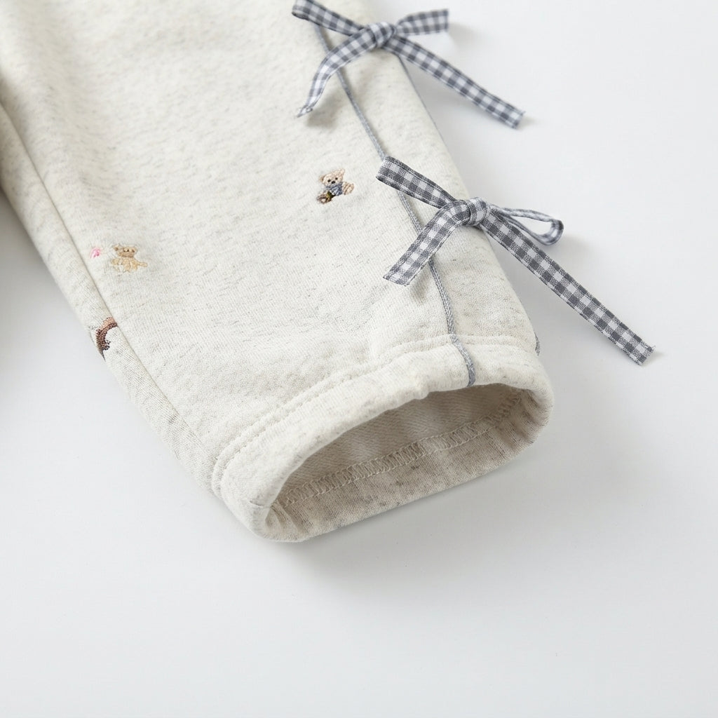 [WHOLESALE ONLY - CONTACT TO ] ToddleORDERr Girls Coquette Gingham Bow Fleece Zip-Up Hoodie & Jogger Pants Set - Gingham Lined Hood & Teddy Bear Embroidery Tracksuit [KW-166]