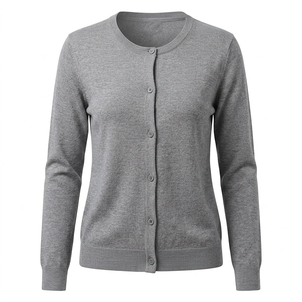 [WHOLESALE ONLY - CONTACT TO ORDER] Women's Ultra-Soft Cashmere-Feel Plain Knit Crewneck Button-Front Cardigan Sweater (Heather Mid Grey) [AW-198]