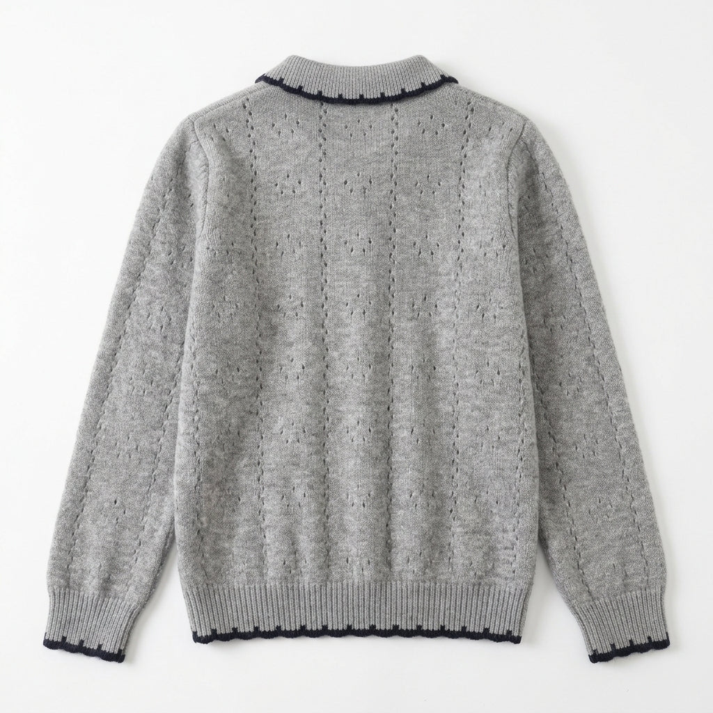 [WHOLESALE ONLY - CONTACT TO ORDER] Women's Preppy Pointelle Eyelet Knit Polo Collar Pullover Sweater with Scalloped Contrast Crochet Edging (Heather Grey & Midnight Navy) [AW-201]
