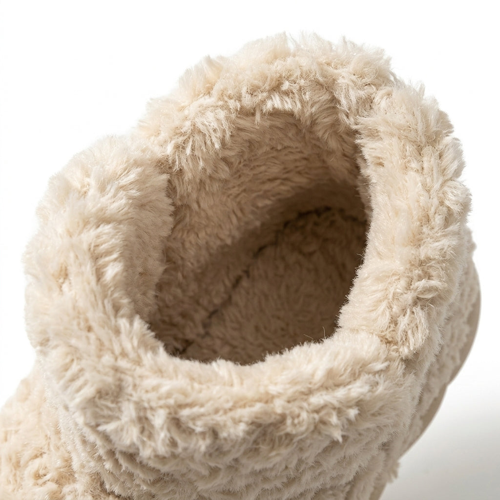 [WHOLESALE ONLY - CONTACT TO ORDER] Unisex Shaggy Fleece Ankle Bootie Slippers - Thick Chunky Bubble Platform Non-Slip Winter House Shoes (Cozy Beige) [FM-108]