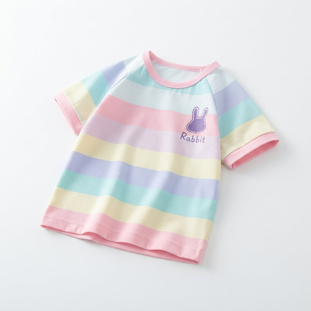 [WHOLESALE ONLY - CONTACT TO ORDER] Toddler Baby Girls Pastel Rainbow Striped Short Sleeve T-Shirt - Cute Purple Bunny Graphic Summer Tee [KW-144]