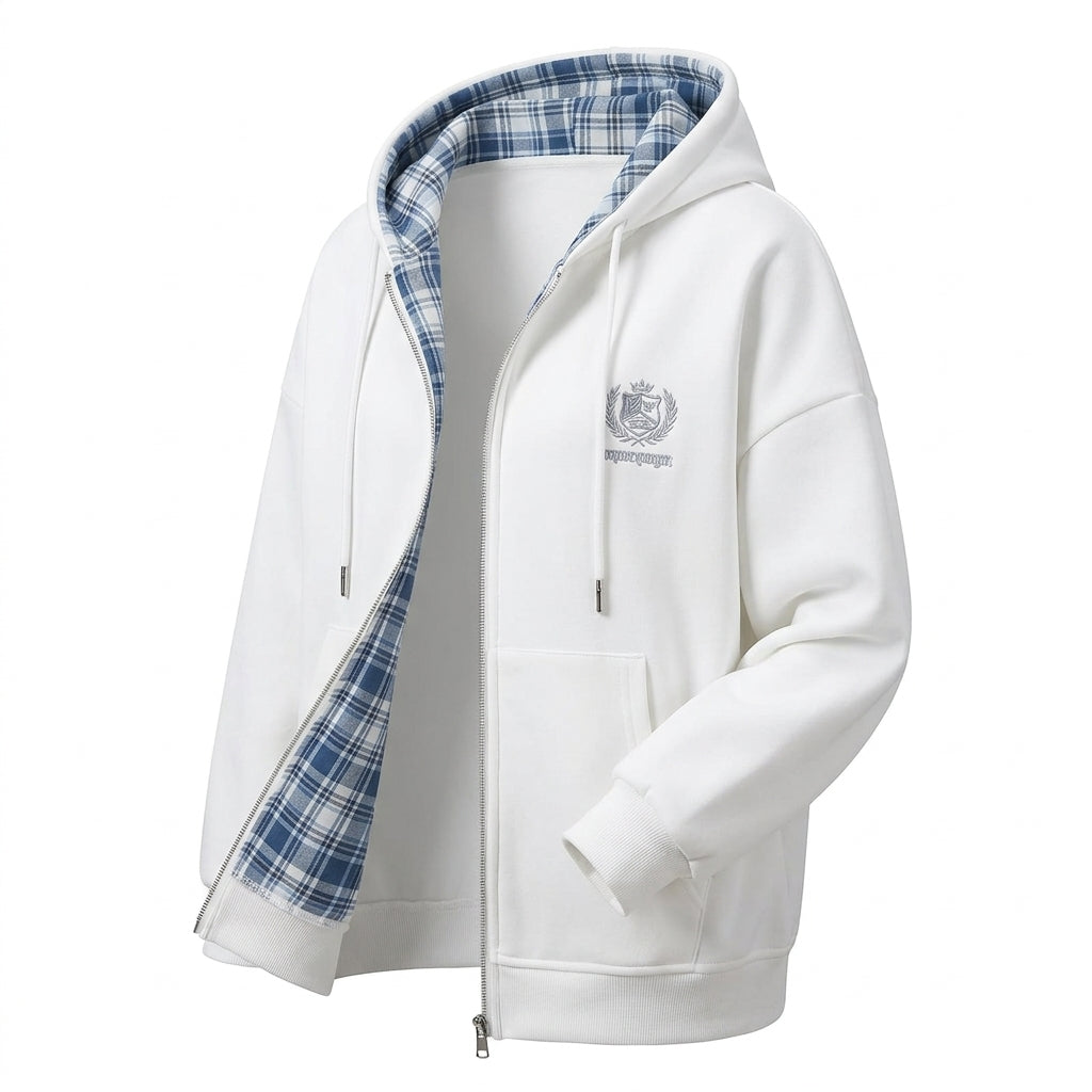[WHOLESALE ONLY - CONTACT TO ORDER] Unisex Heavyweight 380GSM 80% Cotton Fleece Tartan Plaid Lined Full-Zip Oversized Hoodie (Cloud White & Royal Blue Plaid) [AW-108]