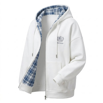 [WHOLESALE ONLY - CONTACT TO ORDER] Unisex Heavyweight 380GSM 80% Cotton Fleece Tartan Plaid Lined Full-Zip Oversized Hoodie (Cloud White & Royal Blue Plaid) [AW-108]