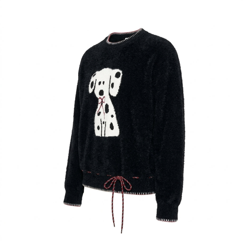 [WHOLESALE ONLY - CONTACT TO ORDER] Women's / Unisex Whimsical Fuzzy Plush Dalmatian Dog Intarsia Crewneck Knit Sweater with Blanket-Stitch Trim & Drawstring Hem (Jet Black) [AW-237]