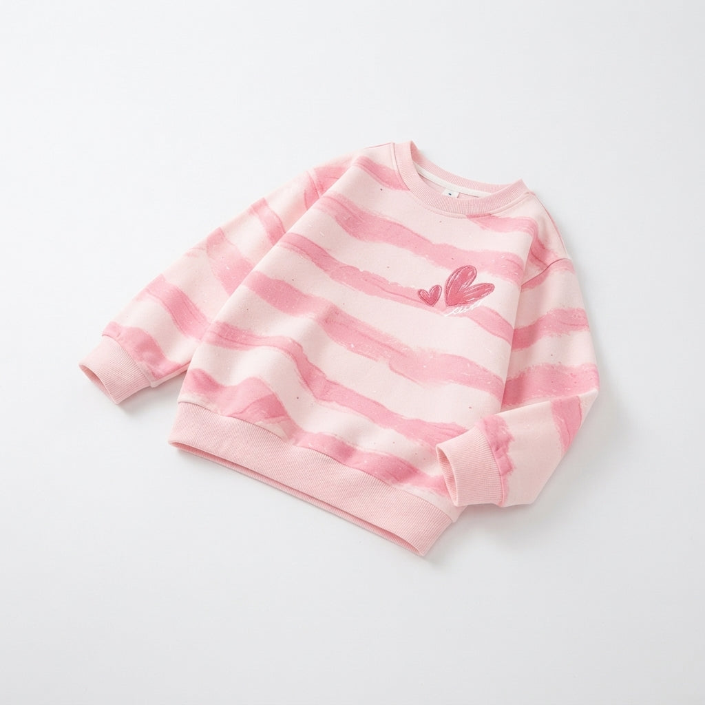 [WHOLESALE ONLY - CONTACT TO ORDER] Toddler Baby Girls Watercolor Brushstroke Striped Fleece Sweatshirt - Pink Double Heart Graphic Pullover [KW-130]