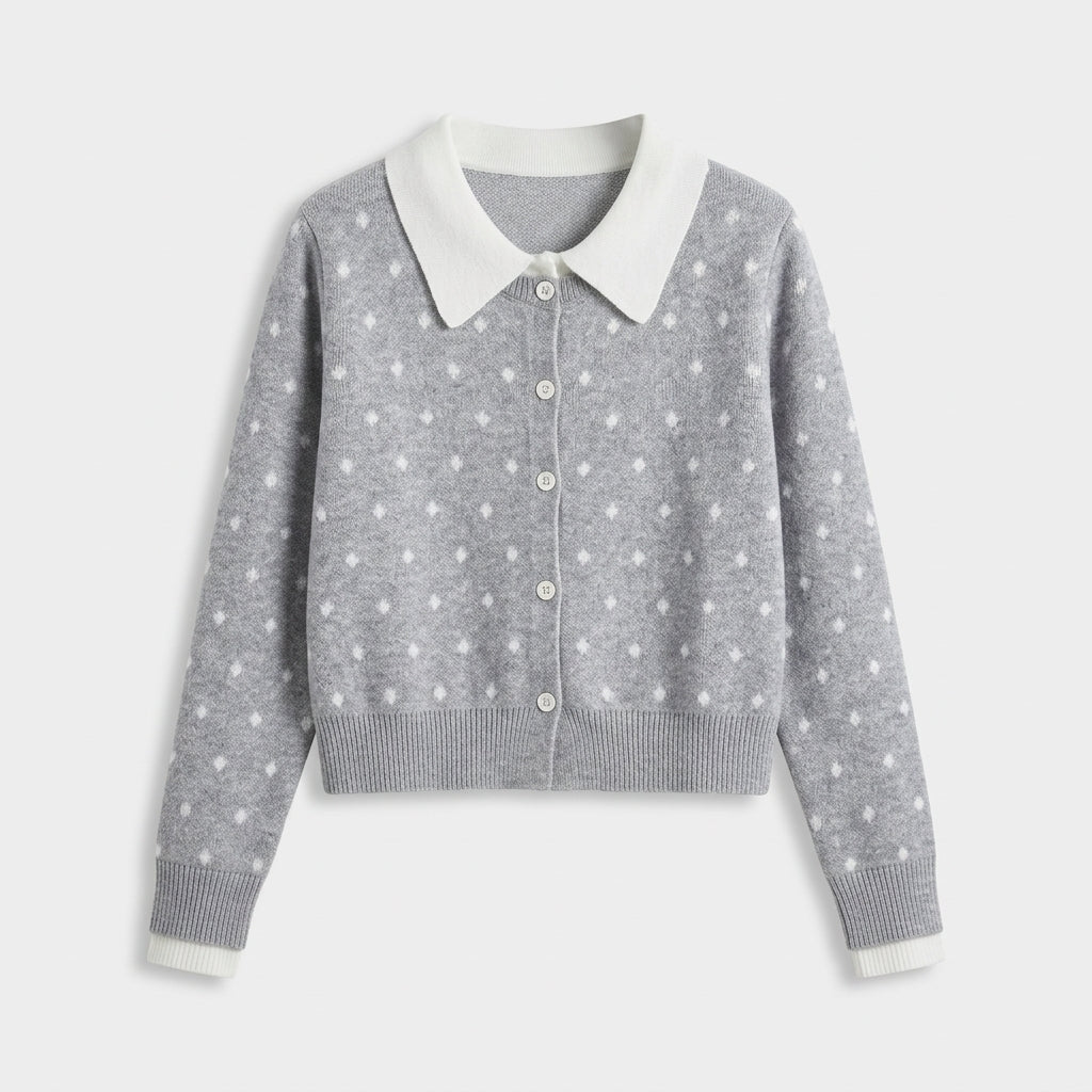 [WHOLESALE ONLY - CONTACT TO ORDER] Women's Preppy 2-in-1 Layered Polka Dot Jacquard Cardigan with Contrast White Peter Pan Collar & Hem Trim (Heather Grey & White) [AW-220]