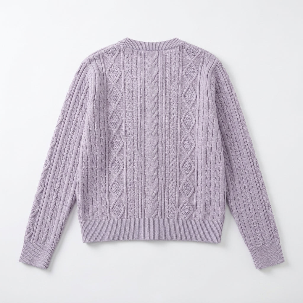 [WHOLESALE ONLY - CONTACT TO ORDER] Women's Classic Fitted Cable & Diamond-Knit Crewneck Button-Front Cardigan Sweater (Pastel Lilac Lavender) [AW-197]