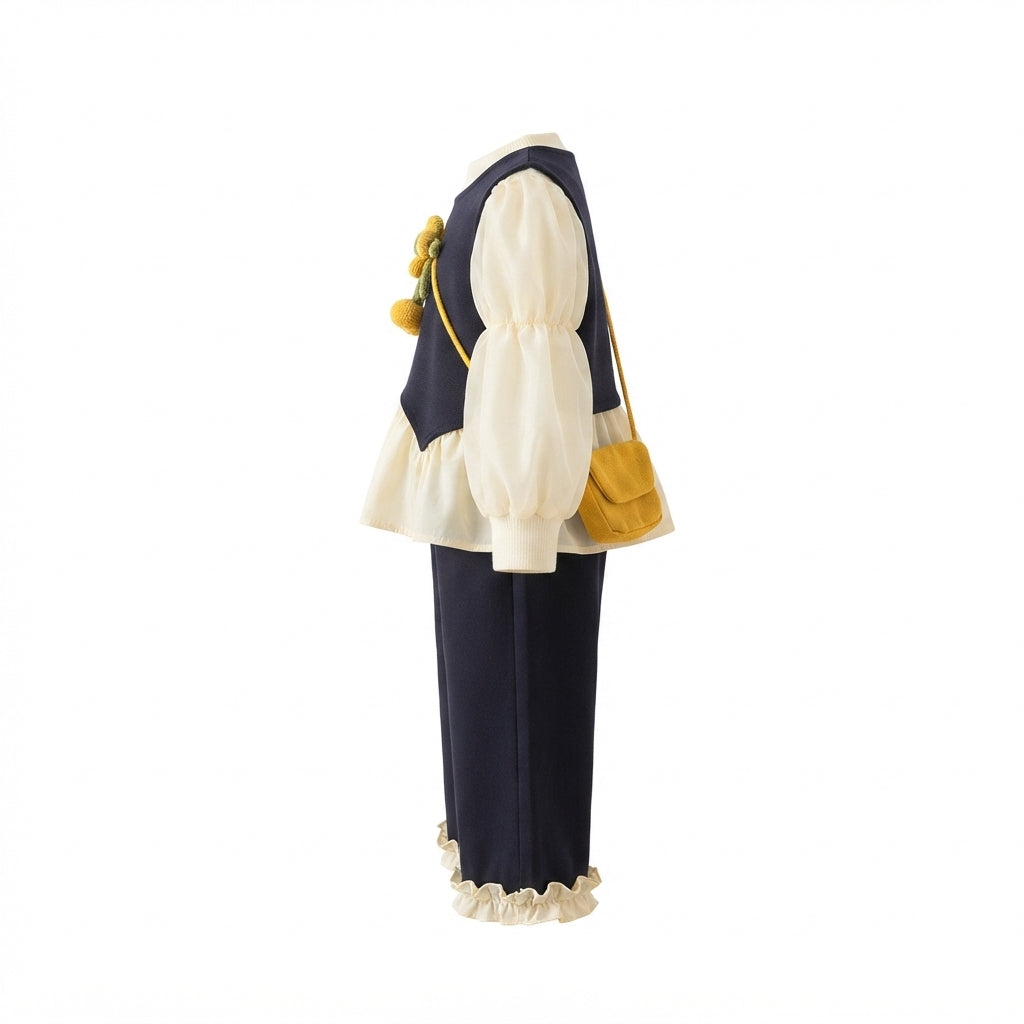 [WHOLESALE ONLY - CONTACT TO ORDER] Toddler Girls 3-Piece Navy Vest Peplum Top & Wide Leg Ruffle Pants Set with Crossbody Bag - 3D Knit Flower Boutique Outfit[KW-165]