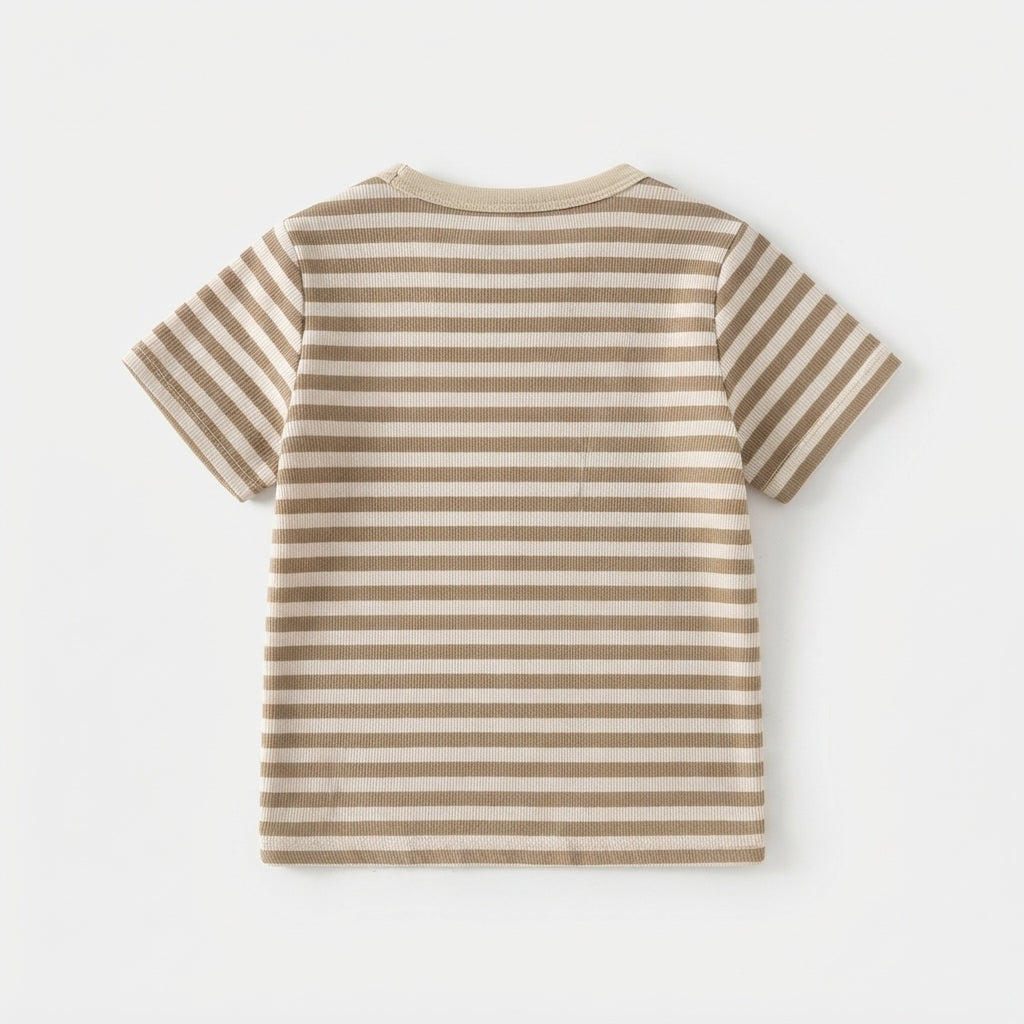 [WHOLESALE ONLY - CONTACT TO ORDER] Toddler Baby Boys/Girls Striped Short Sleeve T-Shirt - 3D Fuzzy Teddy Bear Patchwork Shoulder Snap Summer Top[KW-148]
