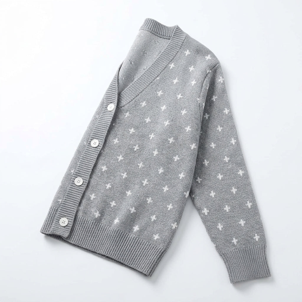 [WHOLESALE ONLY - CONTACT TO ORDER] Women's Vintage Nordic Geometric Cross Jacquard Polo Collar Button-Front Cardigan Sweater (Heather Grey & Off-White) [AW-204]