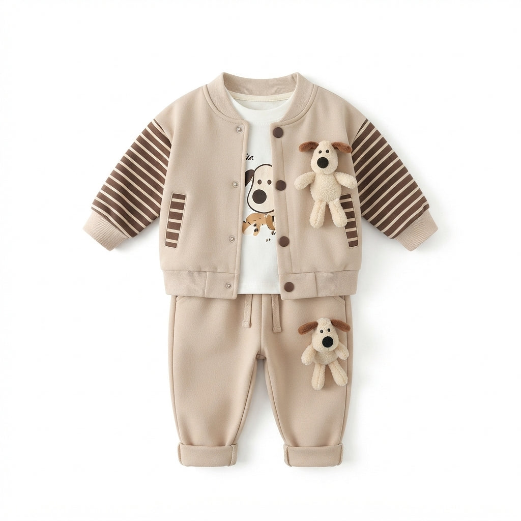 [WHOLESALE ONLY - CONTACT TO ORDER] Toddler Boys 3-Piece Striped Sleeve Varsity Baseball Jacket, Graphic T-Shirt & Joggers Set with 3D Plush Puppy[KW-163]
