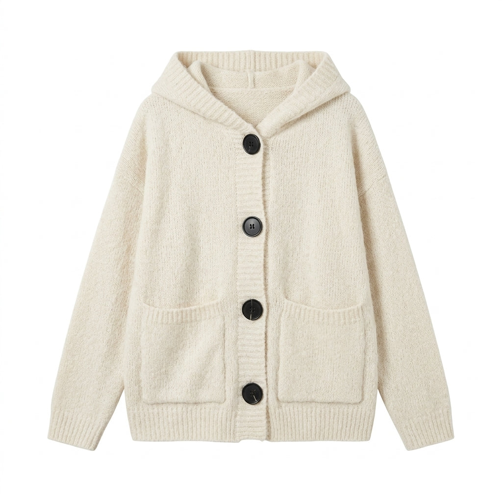 [WHOLESALE ONLY - CONTACT TO ORDER] Women's Chunky Knit Hooded Oversized Button Cardigan Sweater with Contrast Buttons & Dual Patch Pockets (Warm Oatmeal Cream) [AW-199]