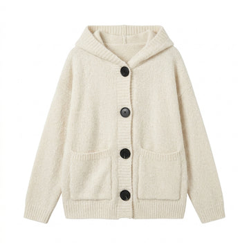 [WHOLESALE ONLY - CONTACT TO ORDER] Women's Chunky Knit Hooded Oversized Button Cardigan Sweater with Contrast Buttons & Dual Patch Pockets (Warm Oatmeal Cream) [AW-199]