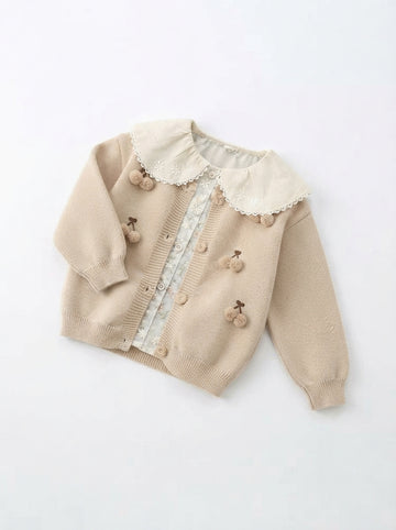 [WHOLESALE ONLY - CONTACT TO ORDER] Toddler Baby Girls 3D Pom-Pom Cherry Knit Cardigan - Embroidered Peter Pan Collar Fall Winter Sweater[KW-127]